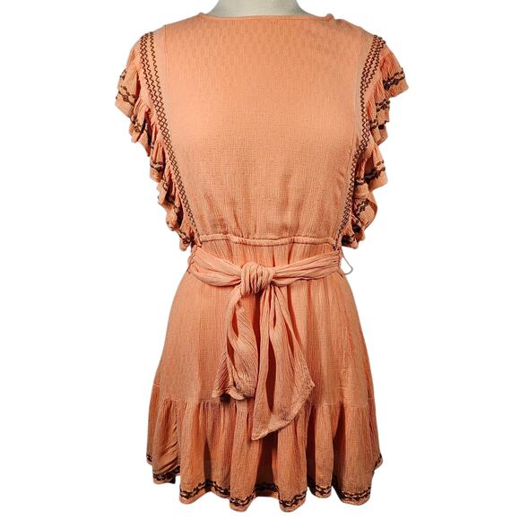 Free People Weekend Brunch Embroidered Ruffled Mini Dress in Coral + Bronze XS - Picture 1 of 13